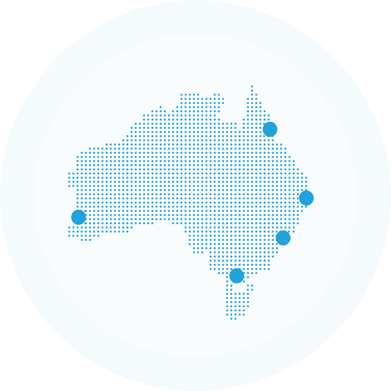 map of Australia made out of blue dots. There are dark blue dots to indicate the capital cities.