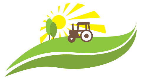 An illustration of a tractor on a green field. There are trees and sun beams inthe background.