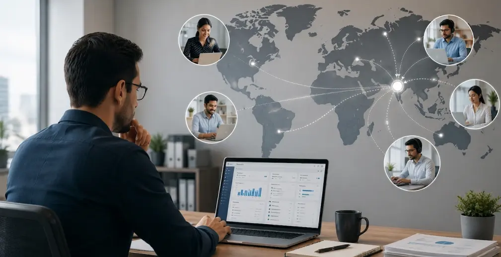Man at a desk with a laptop, world map on the wall showing interconnected colleague avatars connected by glowing lines, illustrating global collaboration.